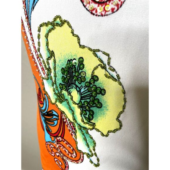 Alberto Makali Size XL Top T Shirt Double V Neck Embellished Beaded Art To Wear - Picture 3 of 7